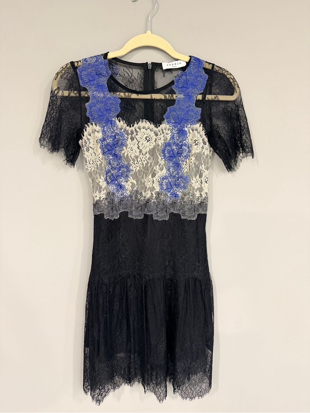 Sandro Black Lace Dress with Blue and Cream Floral Appliqué Size 1